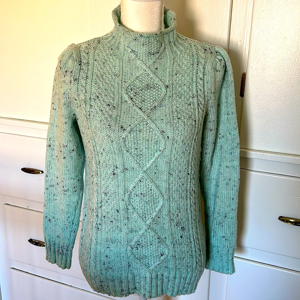 Talbots mock neck cable knit sweater.  Mint aqua color. Medium Petite. Speckled
